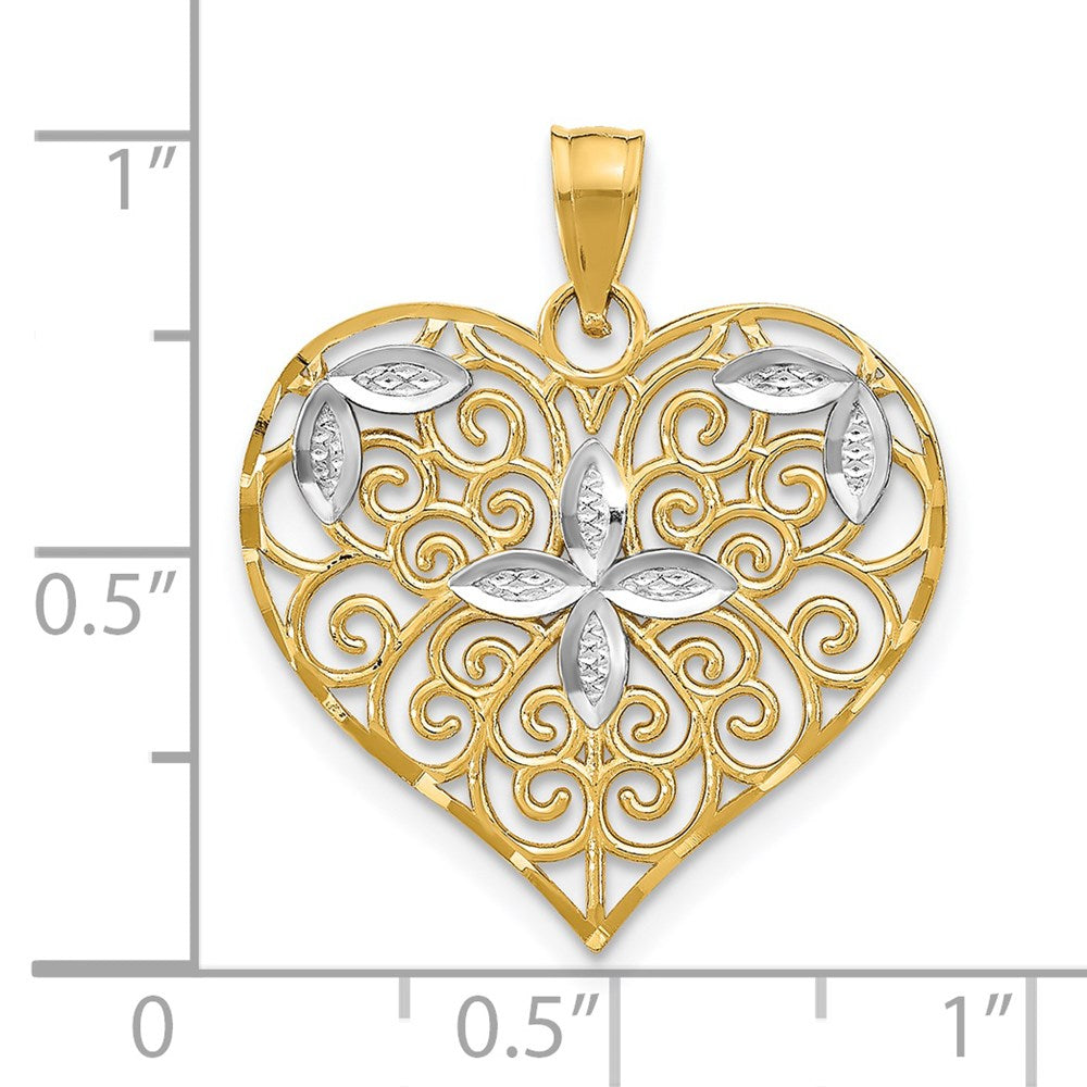 Million Charms 14K Yellow Gold Themed With Rhodium-Plated Cut-Out Filigree Flower & Heart Charm