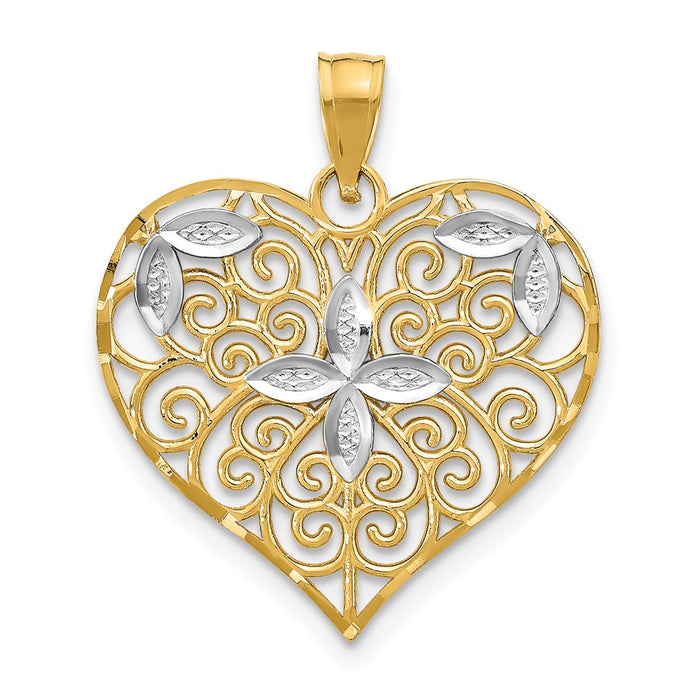 Million Charms 14K Yellow Gold Themed With Rhodium-Plated Cut-Out Filigree Flower & Heart Charm