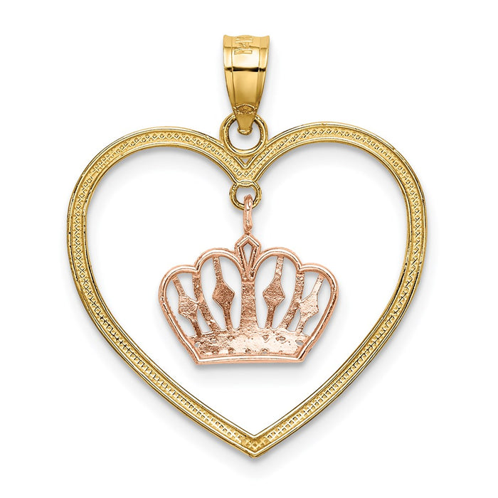 Million Charms 14Ktwo-Tone Beaded Heart With Dangling Crown Charm