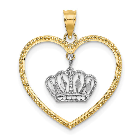 Million Charms 14Ktwo-Tone Beaded Heart With Dangling Crown Charm
