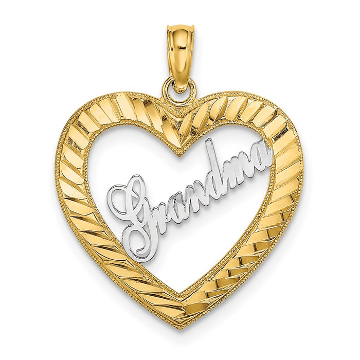 Million Charms 14K Yellow Gold Themed With Rhodium-Plated Diamond-Cut Heart Frame Grandma Charm