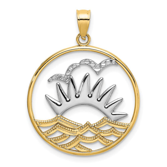 Million Charms 14K Yellow Gold Themed With Rhodium-Plated Sunset & Water In Round Frame Charm