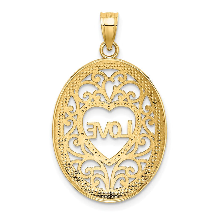 Million Charms 14K Yellow Gold Themed With Rhodium-Plated Love With Filligree Accent Inside Oval Frame Charm