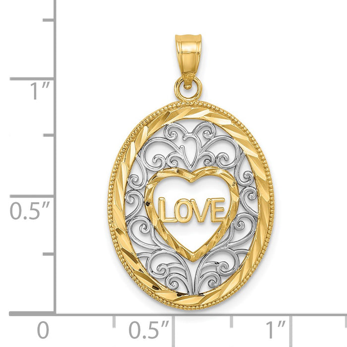 Million Charms 14K Yellow Gold Themed With Rhodium-Plated Love With Filligree Accent Inside Oval Frame Charm