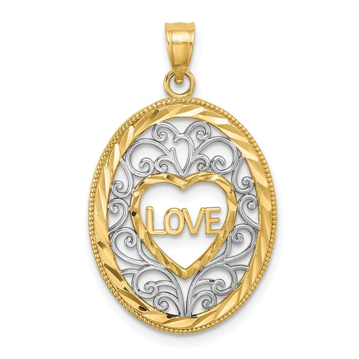 Million Charms 14K Yellow Gold Themed With Rhodium-Plated Love With Filligree Accent Inside Oval Frame Charm