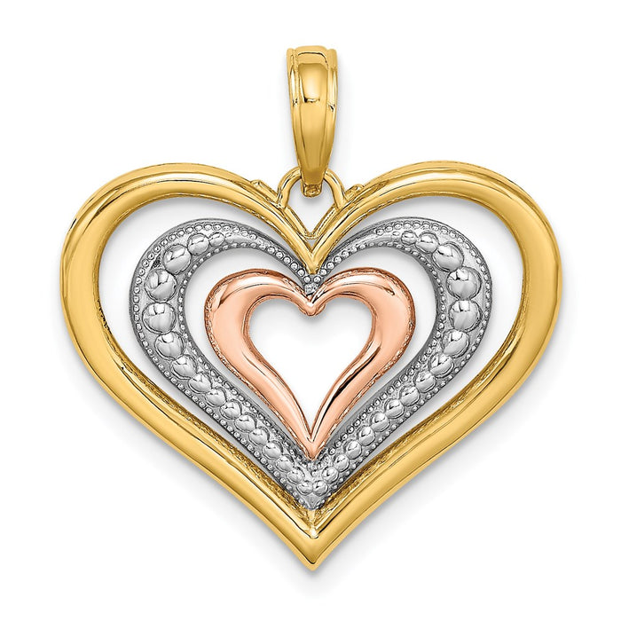 Million Charms 14K Tri-Color Beaded & Polished Triple Hearts Charm