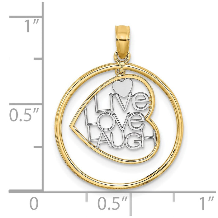 Million Charms 14K Yellow Gold Themed With Rhodium-Plated Live Love Laugh In Heart Dangling In Round Frame Charm