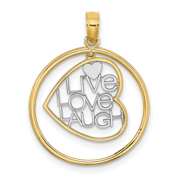 Million Charms 14K Yellow Gold Themed With Rhodium-Plated Live Love Laugh In Heart Dangling In Round Frame Charm