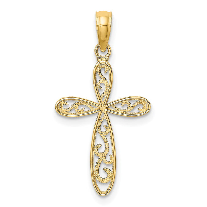 Million Charms 14K Yellow Gold Themed With Rhodium-Plated Filigree & Millgrain Relgious Cross Charm