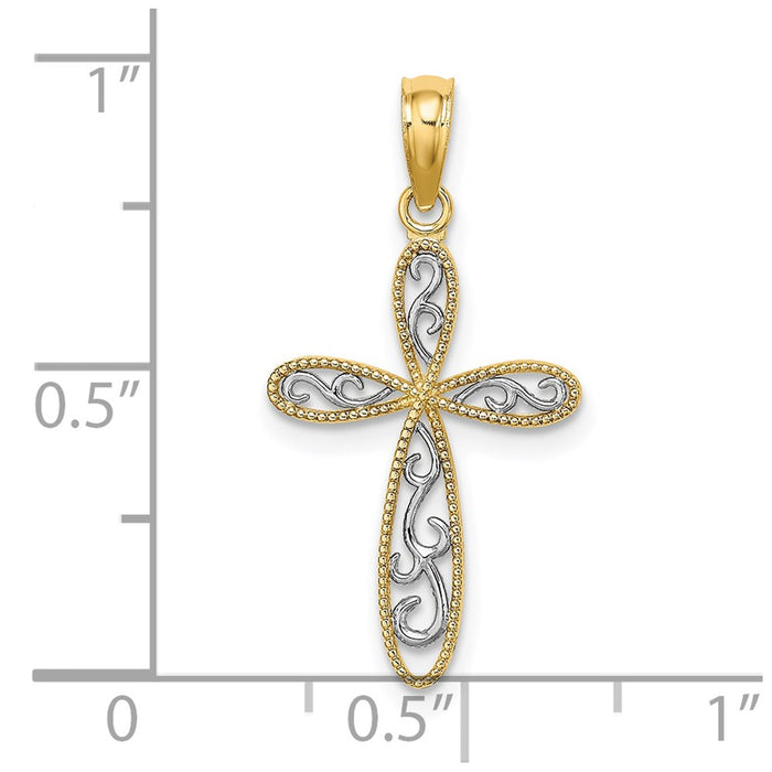 Million Charms 14K Yellow Gold Themed With Rhodium-Plated Filigree & Millgrain Relgious Cross Charm