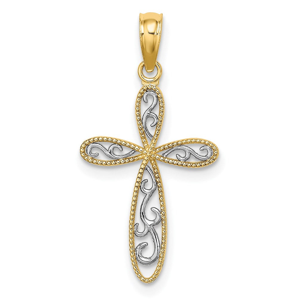 Million Charms 14K Yellow Gold Themed With Rhodium-Plated Filigree & Millgrain Relgious Cross Charm