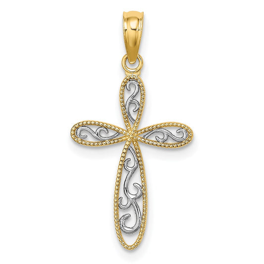 Million Charms 14K Yellow Gold Themed With Rhodium-Plated Filigree & Millgrain Relgious Cross Charm