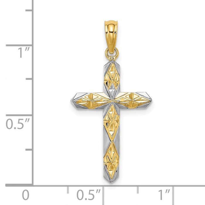 Million Charms 14K Yellow Gold Themed With Rhodium-Plated Diamond-Cut Reversible Relgious Cross Charm