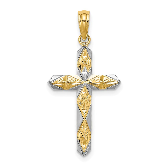 Million Charms 14K Yellow Gold Themed With Rhodium-Plated Diamond-Cut Reversible Relgious Cross Charm