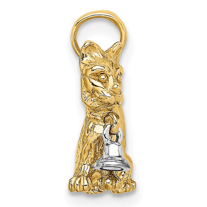 Million Charms 14K With Rhodium-Plated 3-D Cat With Dangling Bell Charm