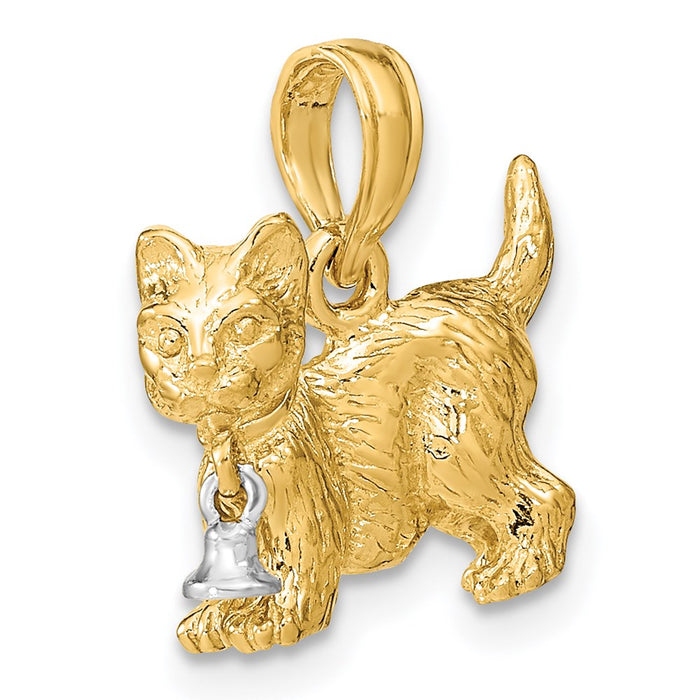 Million Charms 14K With Rhodium-Plated 3-D Cat With Dangling Bell Charm