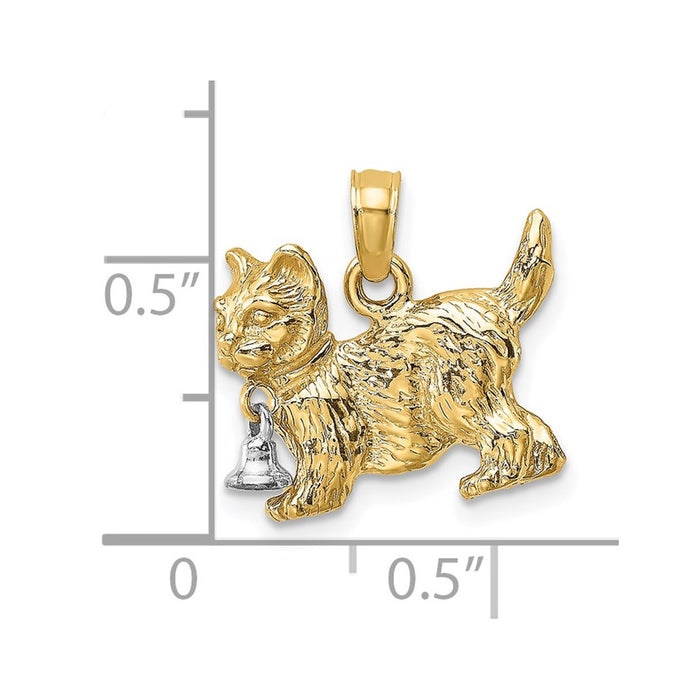 Million Charms 14K With Rhodium-Plated 3-D Cat With Dangling Bell Charm