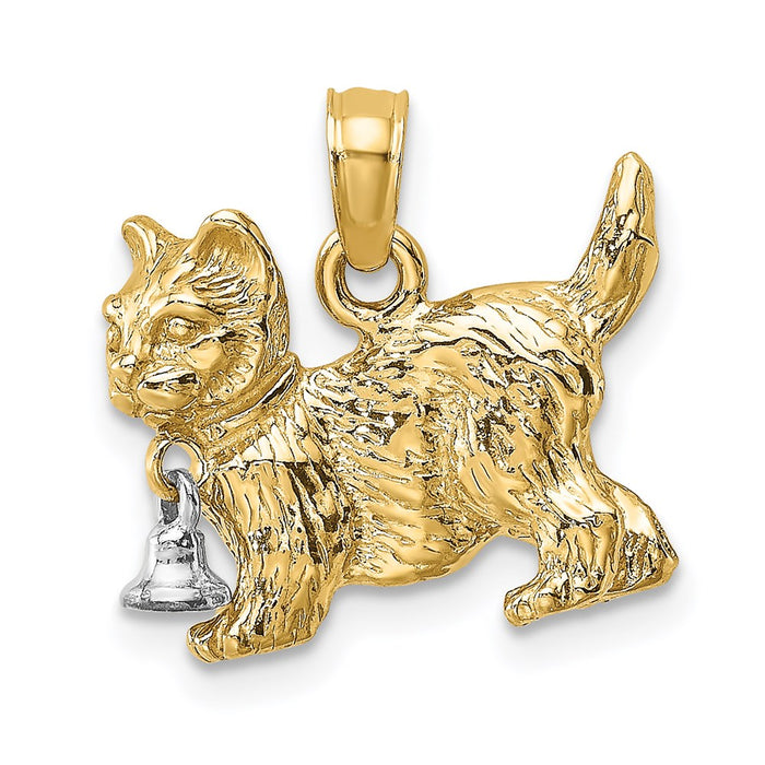 Million Charms 14K With Rhodium-Plated 3-D Cat With Dangling Bell Charm