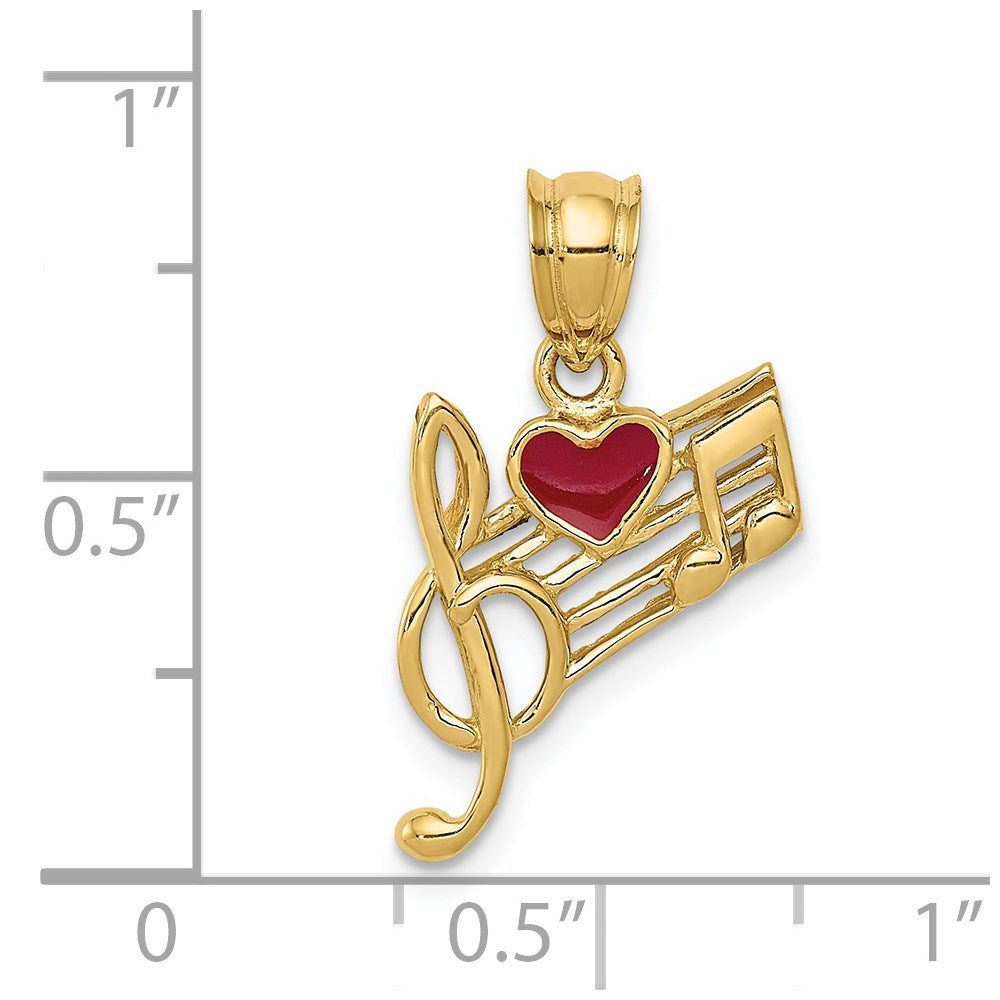 Million Charms 14K Yellow Gold Themed Music Scale With Red Enameled Heart Pendant