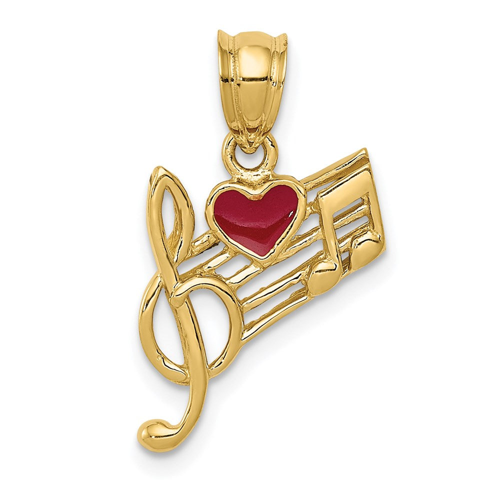 Million Charms 14K Yellow Gold Themed Music Scale With Red Enameled Heart Pendant