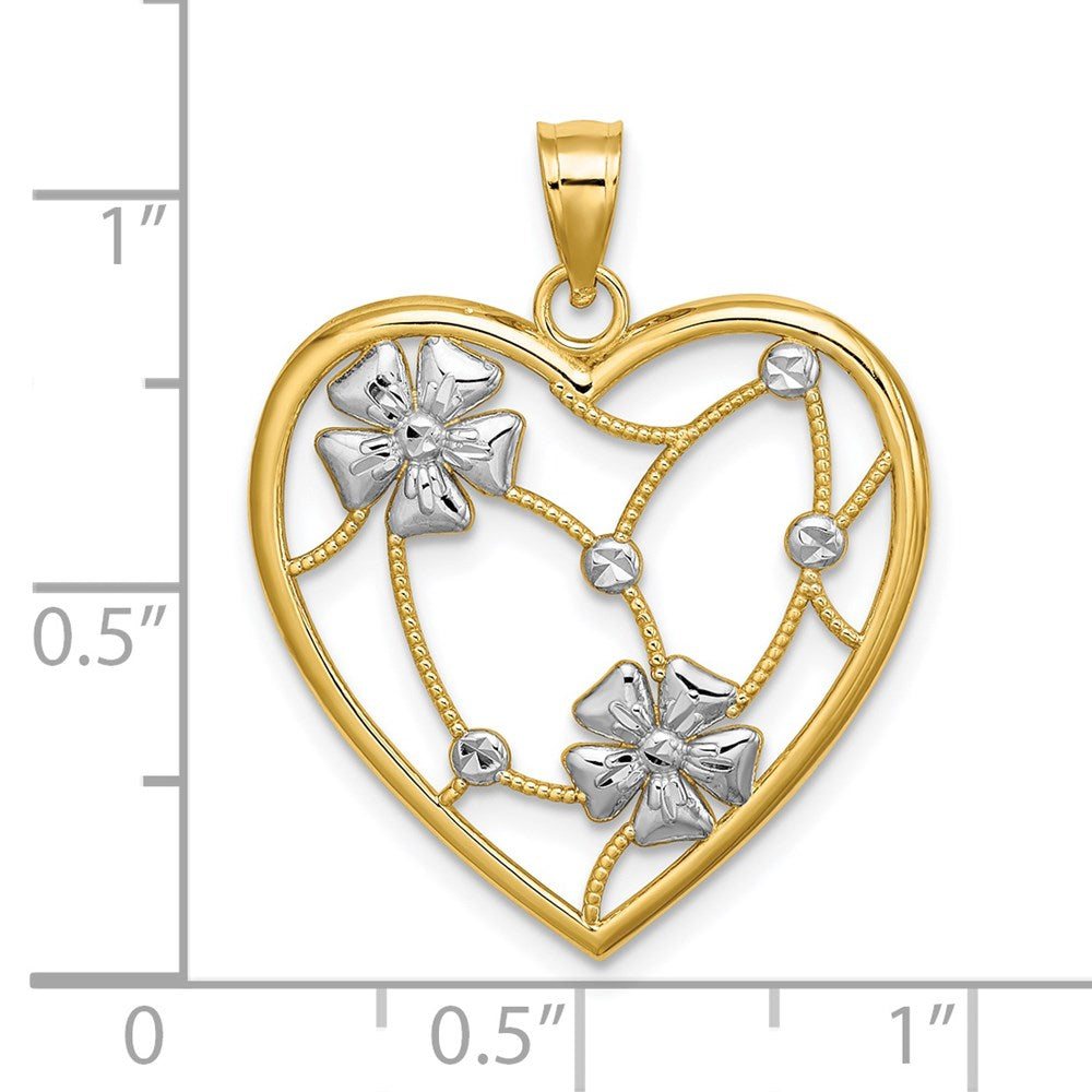 Million Charms 14K Yellow Gold Themed With Rhodium-Plated Flowers In Heart Frame Charm