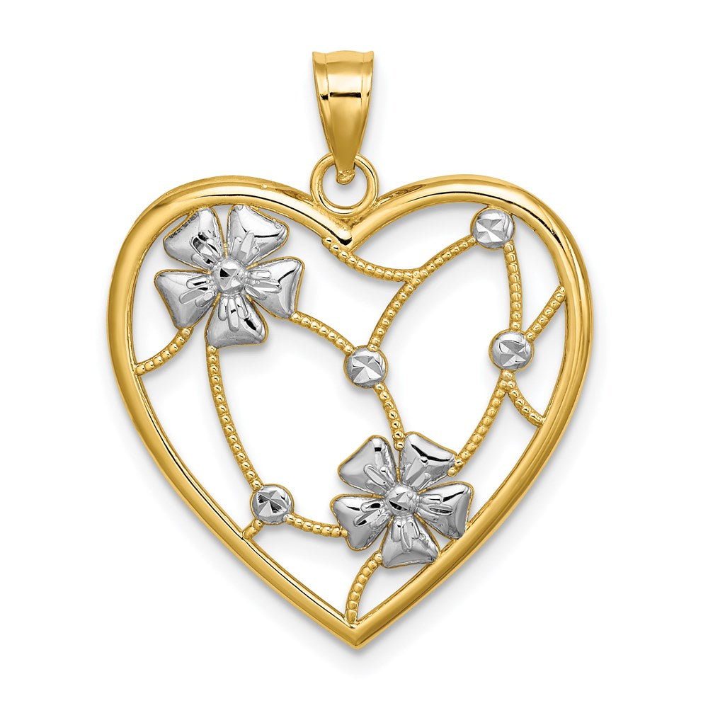 Million Charms 14K Yellow Gold Themed With Rhodium-Plated Flowers In Heart Frame Charm