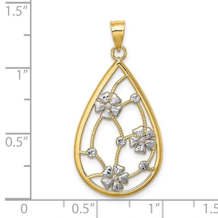 Million Charms 14K Yellow Gold Themed With Rhodium-Plated Flowers In Teardrop Frame Charm