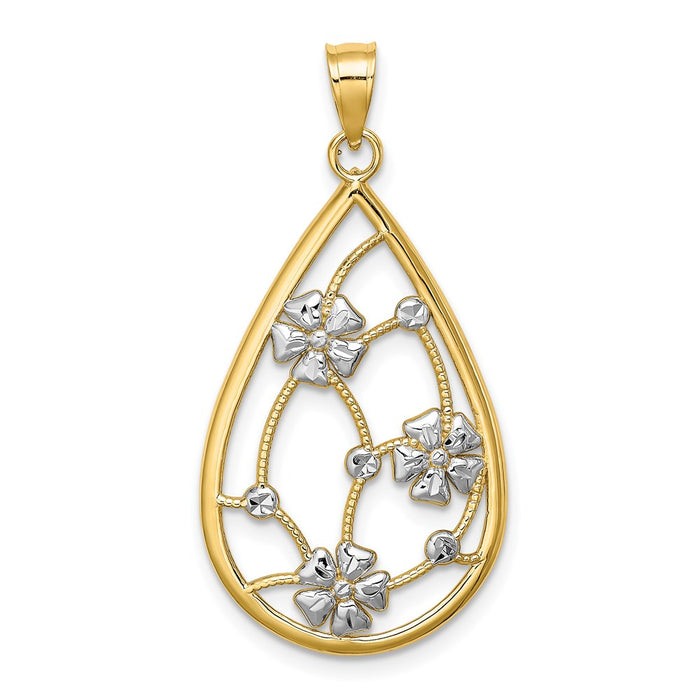 Million Charms 14K Yellow Gold Themed With Rhodium-Plated Flowers In Teardrop Frame Charm