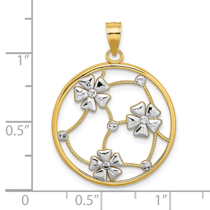 Million Charms 14K Yellow Gold Themed With Rhodium-Plated Flowers In Beaded Round Frame Charm