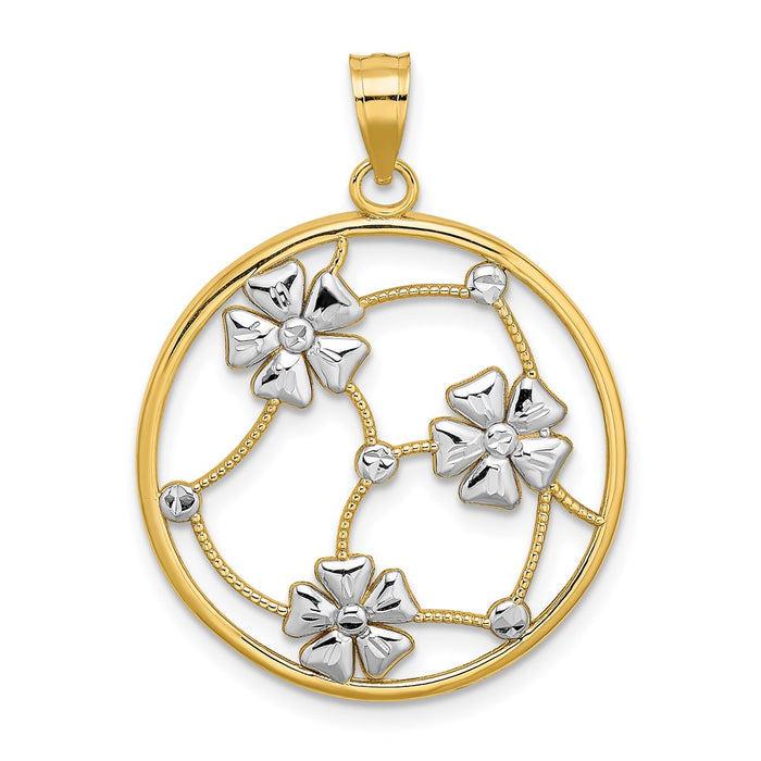 Million Charms 14K Yellow Gold Themed With Rhodium-Plated Flowers In Beaded Round Frame Charm