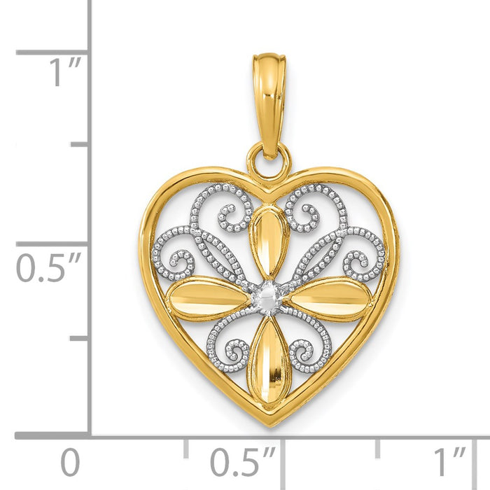 Million Charms 14K Yellow Gold Themed With Rhodium-Plated Beaded Filigree Fashion Heart Charm