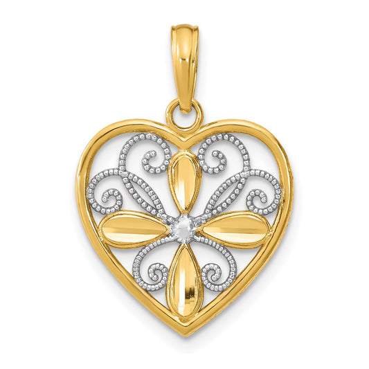 Million Charms 14K Yellow Gold Themed With Rhodium-Plated Beaded Filigree Fashion Heart Charm