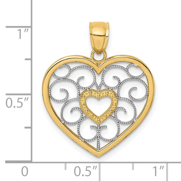 Million Charms 14K Yellow Gold Themed With Rhodium-Plated Filigree Heart Charm