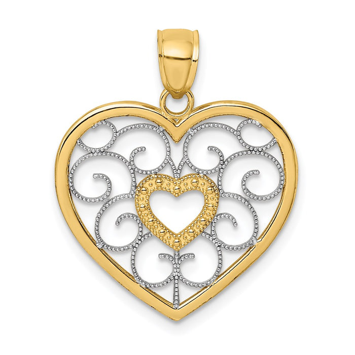 Million Charms 14K Yellow Gold Themed With Rhodium-Plated Filigree Heart Charm