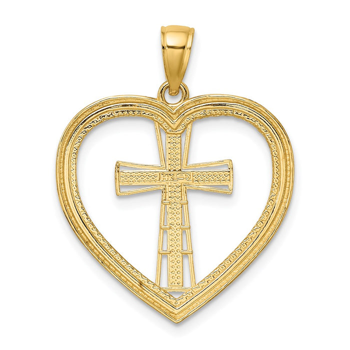Million Charms 14K Yellow Gold Themed Heart With White Rhodium-plated Relgious Cross In Center Charm