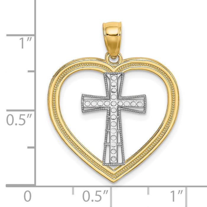 Million Charms 14K Yellow Gold Themed Heart With White Rhodium-plated Relgious Cross In Center Charm