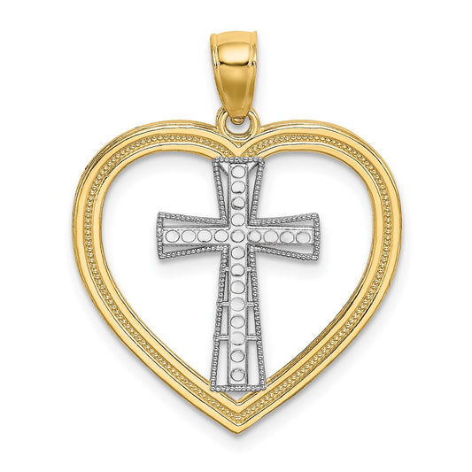 Million Charms 14K Yellow Gold Themed Heart With White Rhodium-plated Relgious Cross In Center Charm