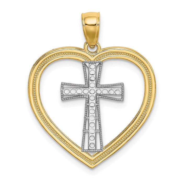 Million Charms 14K Yellow Gold Themed Heart With White Rhodium-plated Relgious Cross In Center Charm