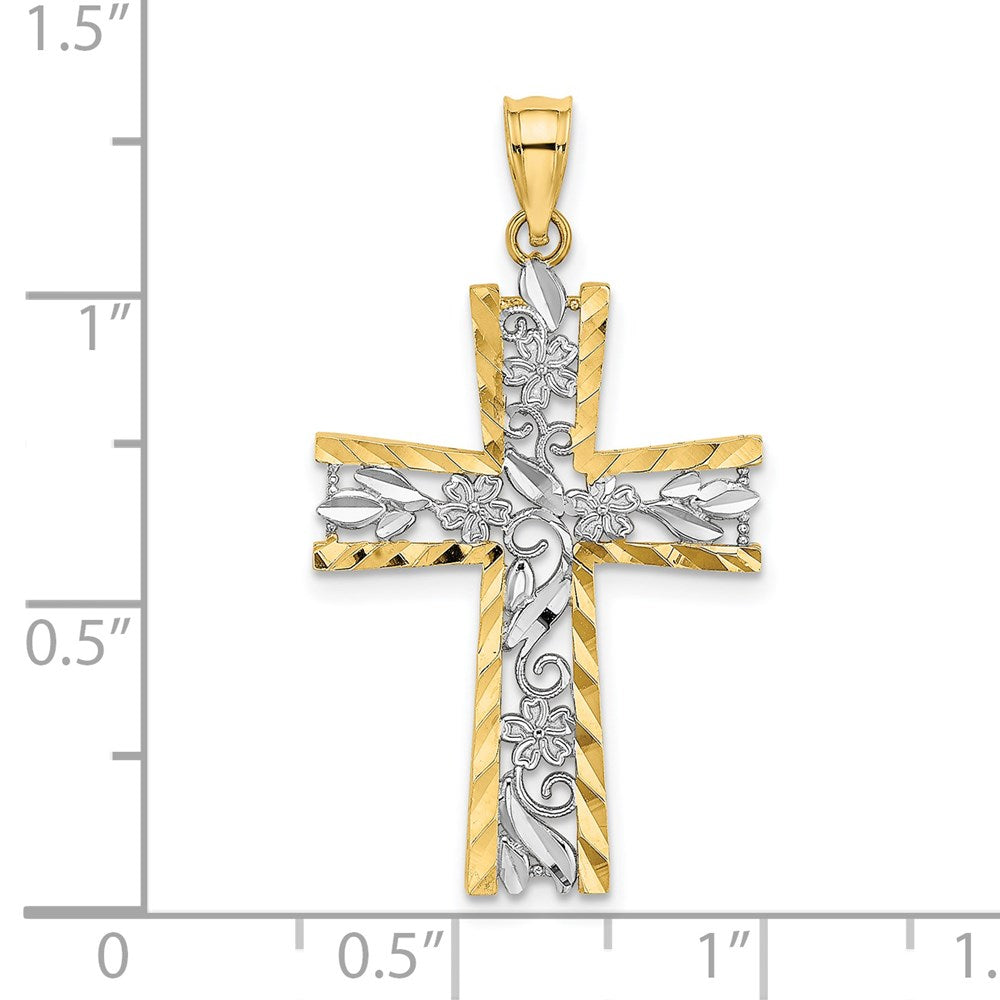 Million Charms 14K Yellow Gold Themed With Rhodium-Plated & Diamond-Cut Flower Design Relgious Cross Charm