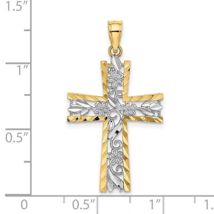 Million Charms 14K Yellow Gold Themed With Rhodium-Plated & Diamond-Cut Flower Design Relgious Cross Charm