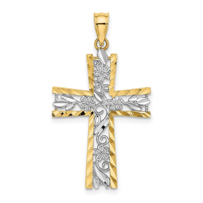 Million Charms 14K Yellow Gold Themed With Rhodium-Plated & Diamond-Cut Flower Design Relgious Cross Charm