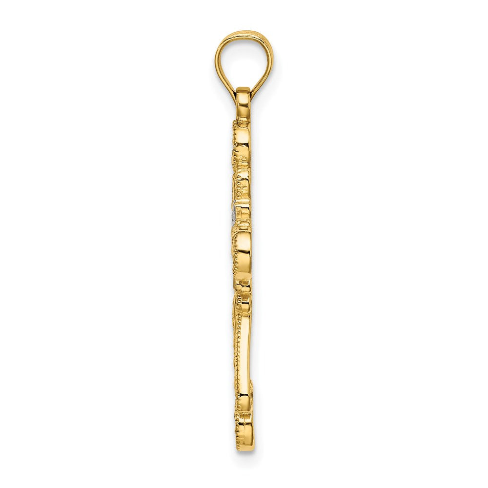 Million Charms 14K Yellow Gold Themed With Rhodium-Plated Diamond-Cut Flower Design Relgious Cross Charm