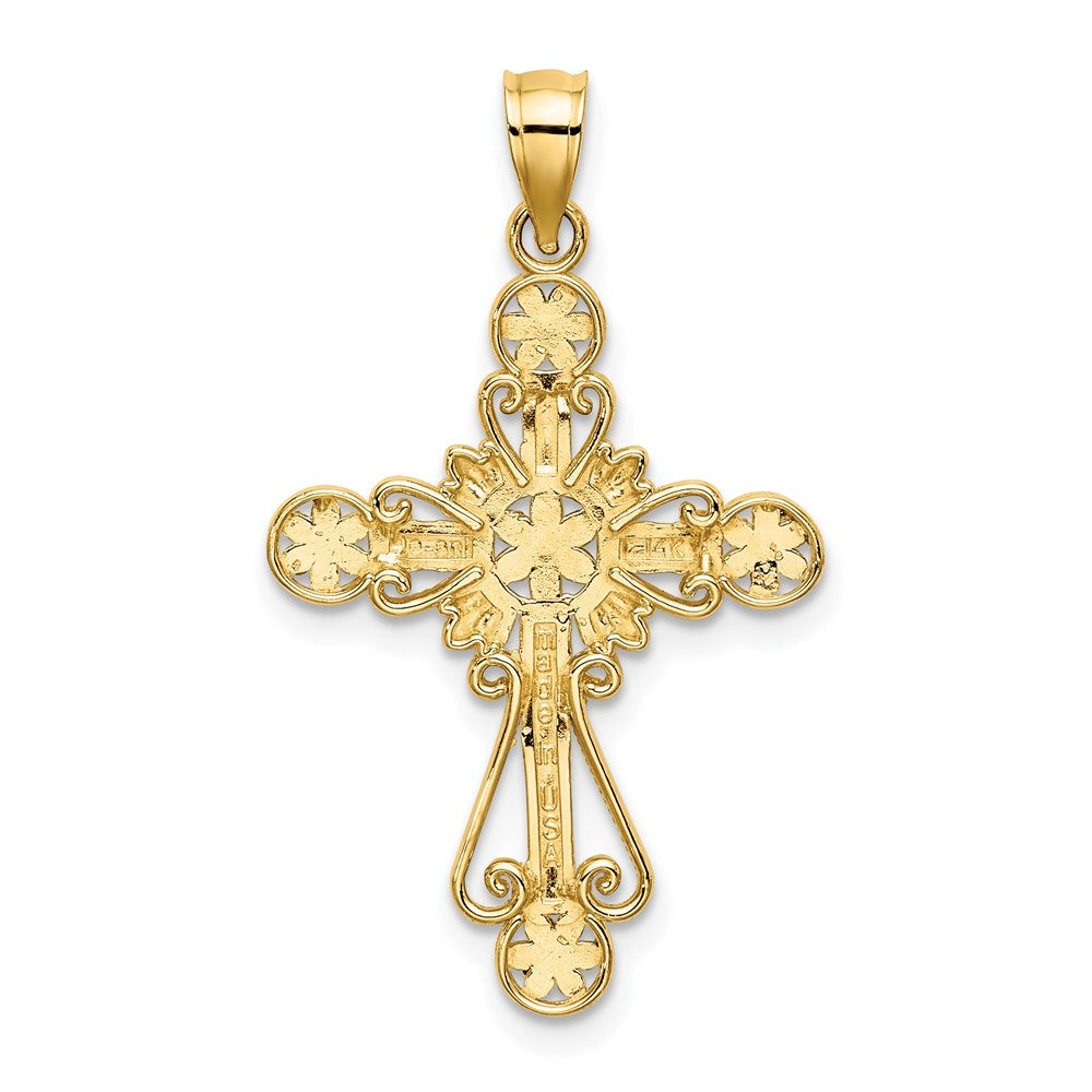 Million Charms 14K Yellow Gold Themed With Rhodium-Plated Diamond-Cut Flower Design Relgious Cross Charm