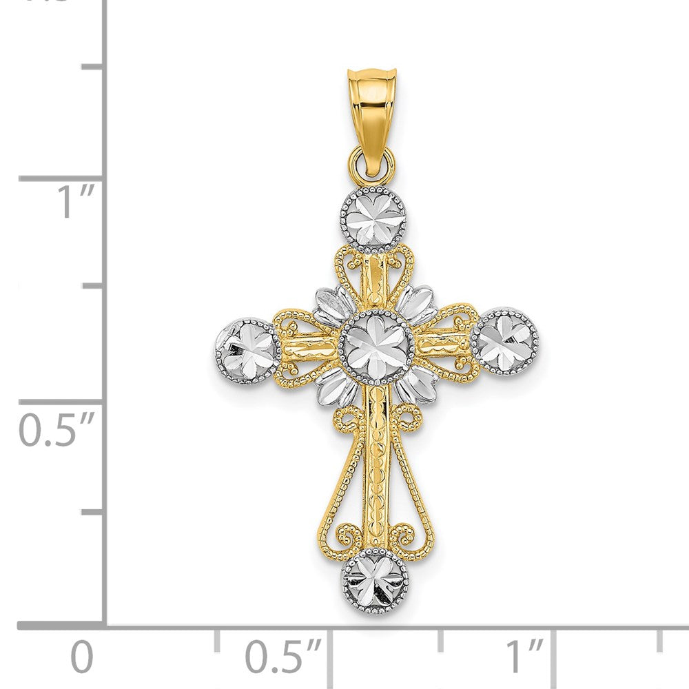Million Charms 14K Yellow Gold Themed With Rhodium-Plated Diamond-Cut Flower Design Relgious Cross Charm