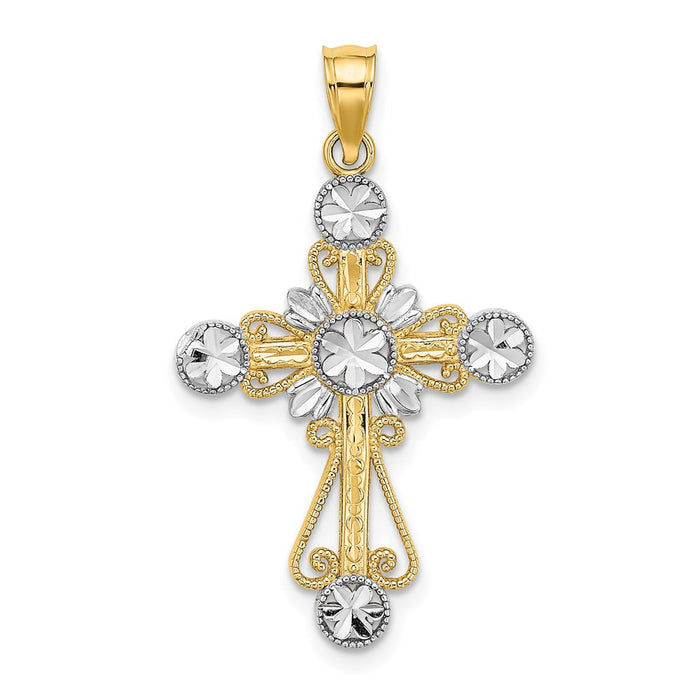 Million Charms 14K Yellow Gold Themed With Rhodium-Plated Diamond-Cut Flower Design Relgious Cross Charm
