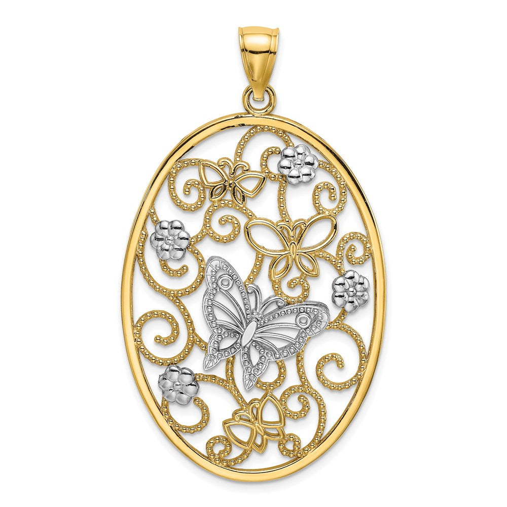 Million Charms 14Ktwo-Tone & Rhodium-Plated Butterfly & Flower Cluster In Oval Frame Charm
