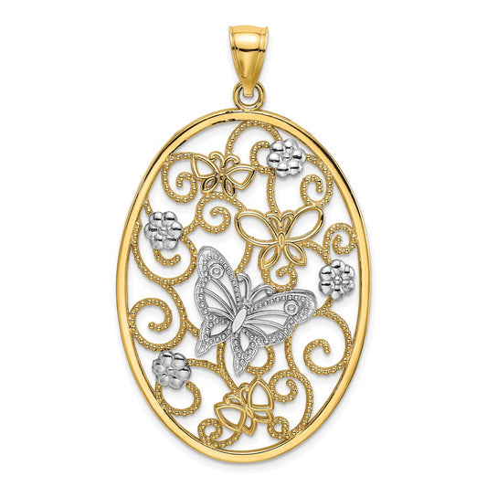 Million Charms 14Ktwo-Tone & Rhodium-Plated Butterfly & Flower Cluster In Oval Frame Charm
