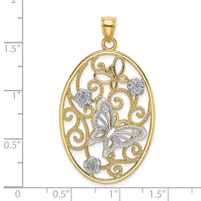 Million Charms 14K Two-Tone & Rhodium-Plated Butterfly & Flower Cluster In Oval Frame Charm