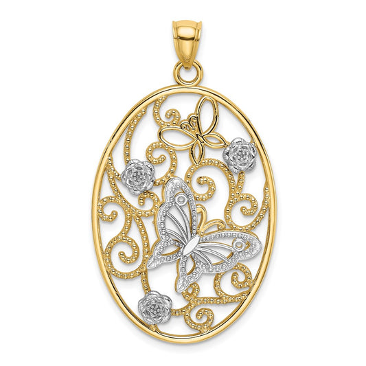 Dije de mariposa y grupo de flores en marco ovalado de Million Charms, en oro de 14K bicolor y chapado en rodio