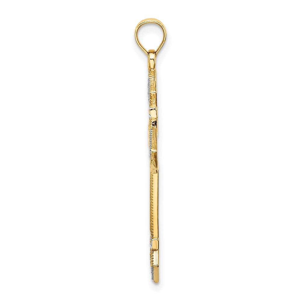Million Charms 14K Yellow Gold Themed With Rhodium-Plated Textured Pentagon Relgious Cross Charm